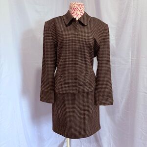 Vintage Y2K Georgiou Studio Skirt Suit Brown Windowpane Blazer Office Size 14,10